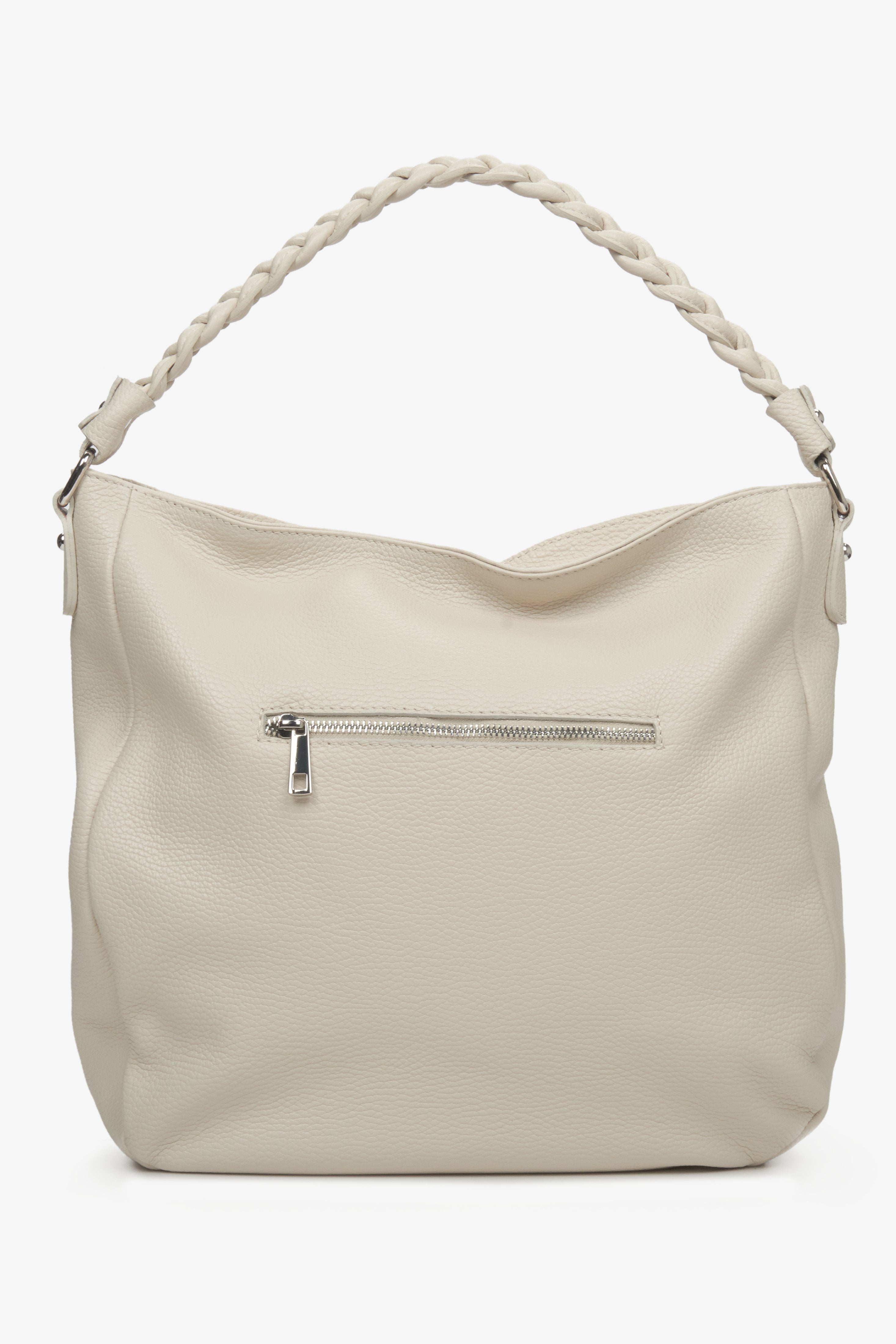 Torebka damska ze skóry naturalnej Estro typu shopper w kolorze beżowym - tylna część modelu.