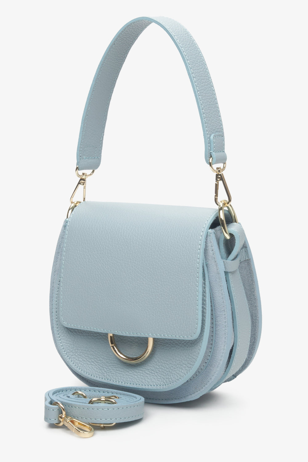 Niebieska, mała torebka damska z włoskiej skóry naturalnej na ramię z dodatkowym paskiem.