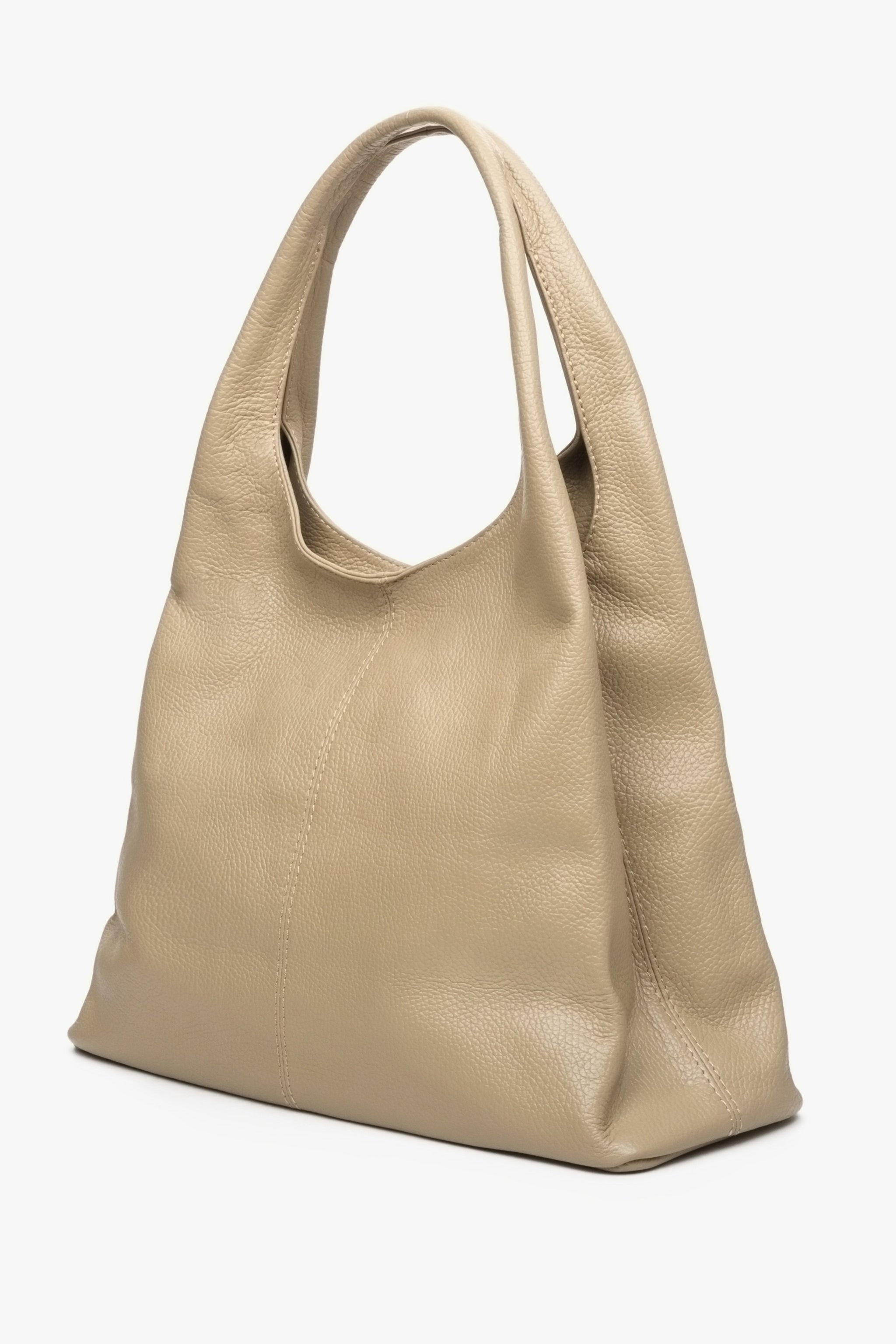 Torebka damska typu shopper na ramię z włoskiej skóry naturalnej Estro - profil i przednia część modelu w kolorze beżowym.