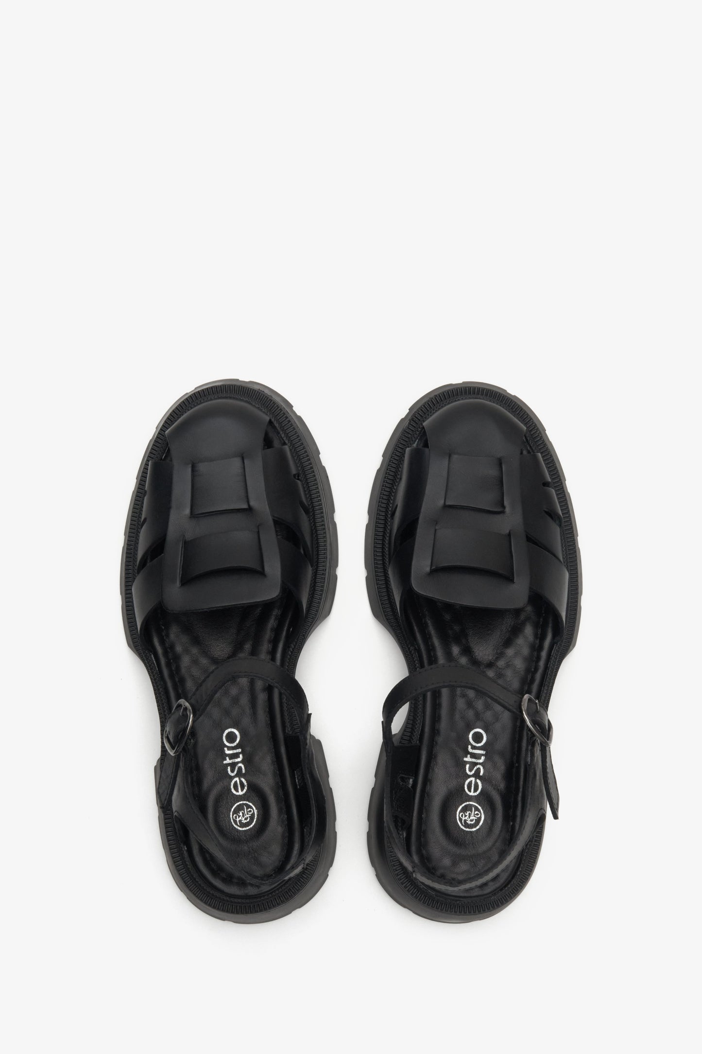 Damskie, skórzane sandały w kolorze czarnym Estro - prezentacja modelu z góry.