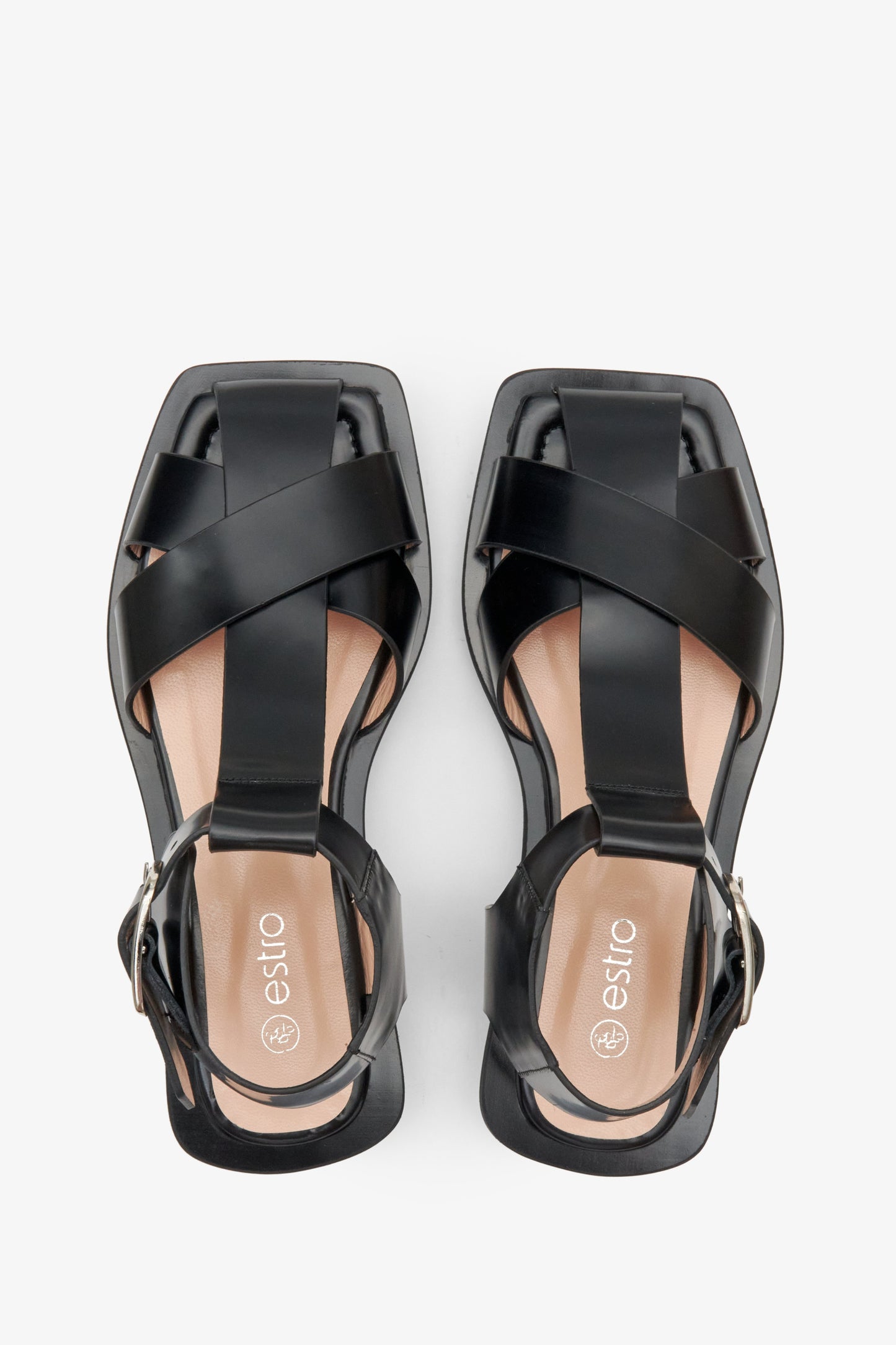 Sandały damskie czarne skórzane na lato Estro - prezentacja obuwia z góry.