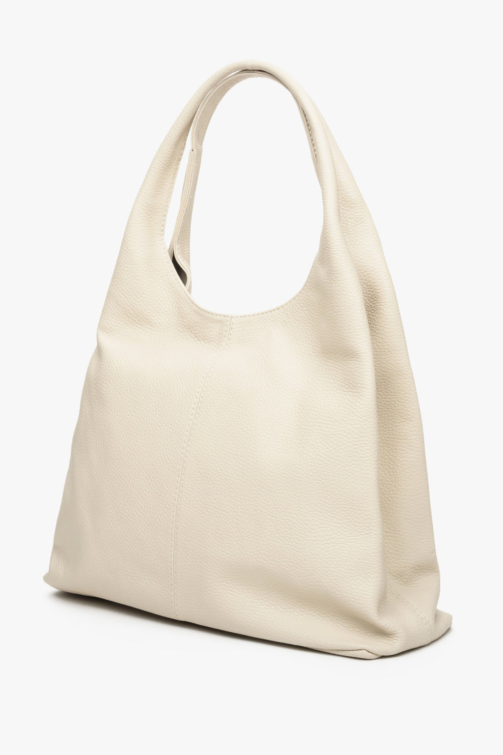 Torebka damska typu shopper na ramię z włoskiej skóry naturalnej Estro - profil i przednia część modelu w kolorze jasnobeżowym.