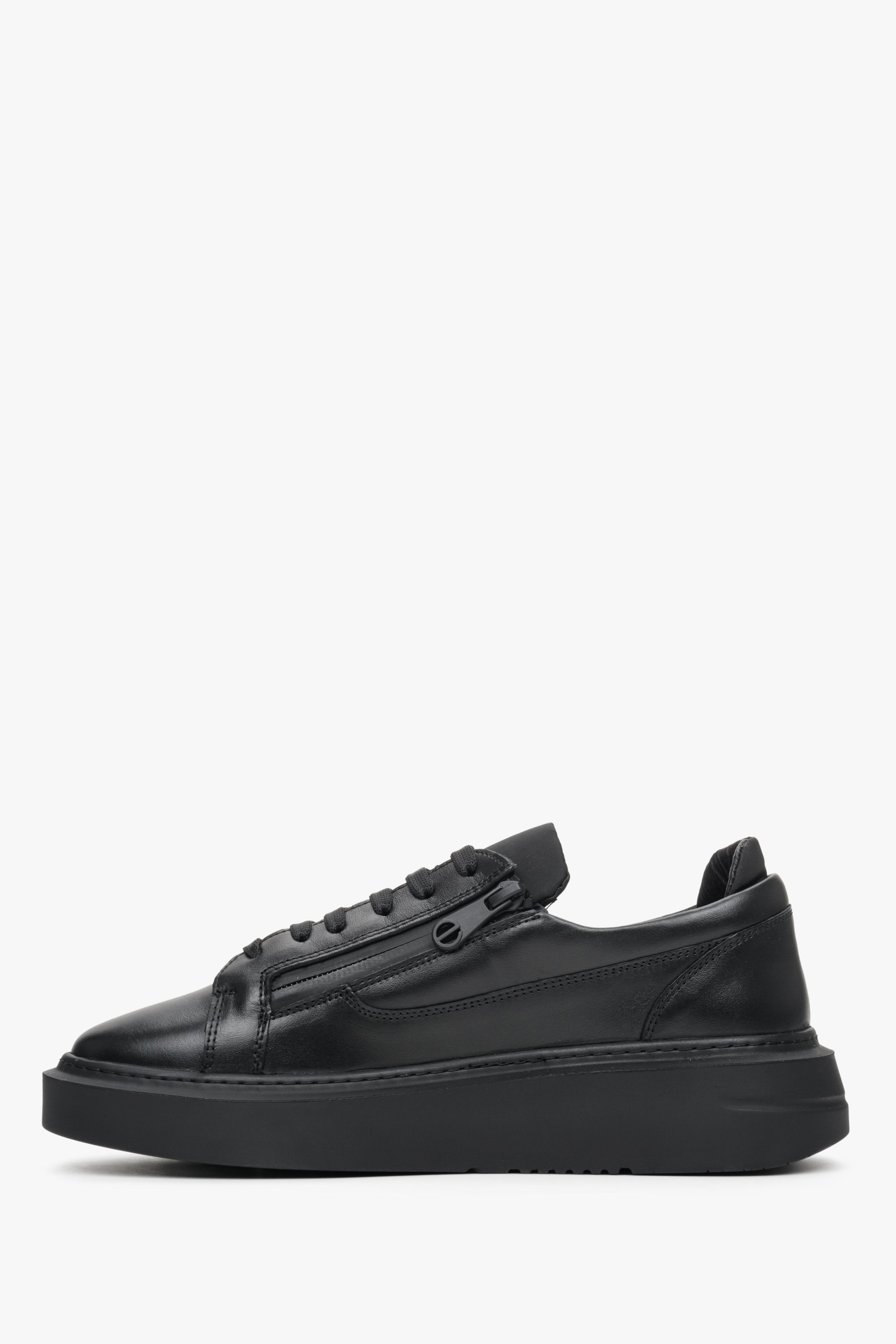 Czarne, skórzane sneakersy damskie Estro z ozdobnym suwakiem na wiosnę - profil butów.